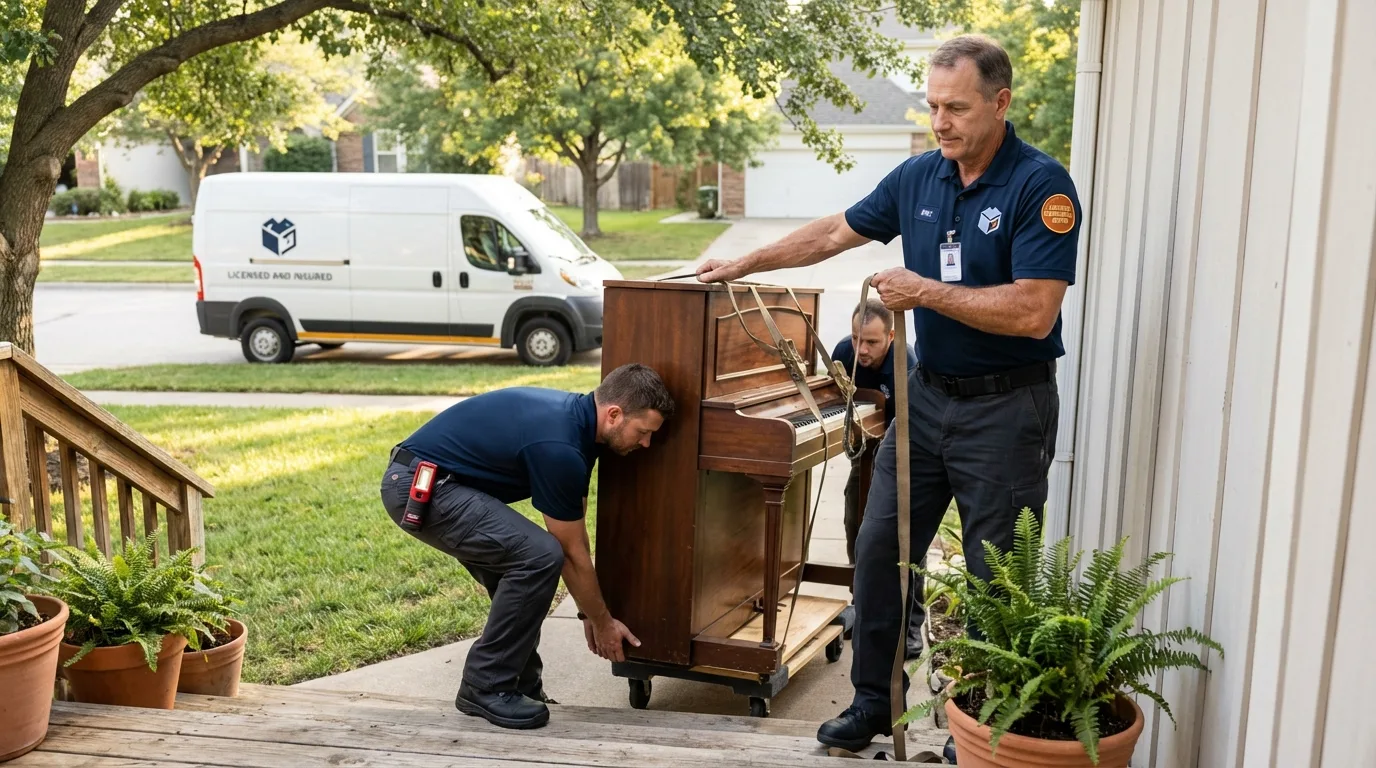 Licensed piano movers securing grand piano in Constantia, NY