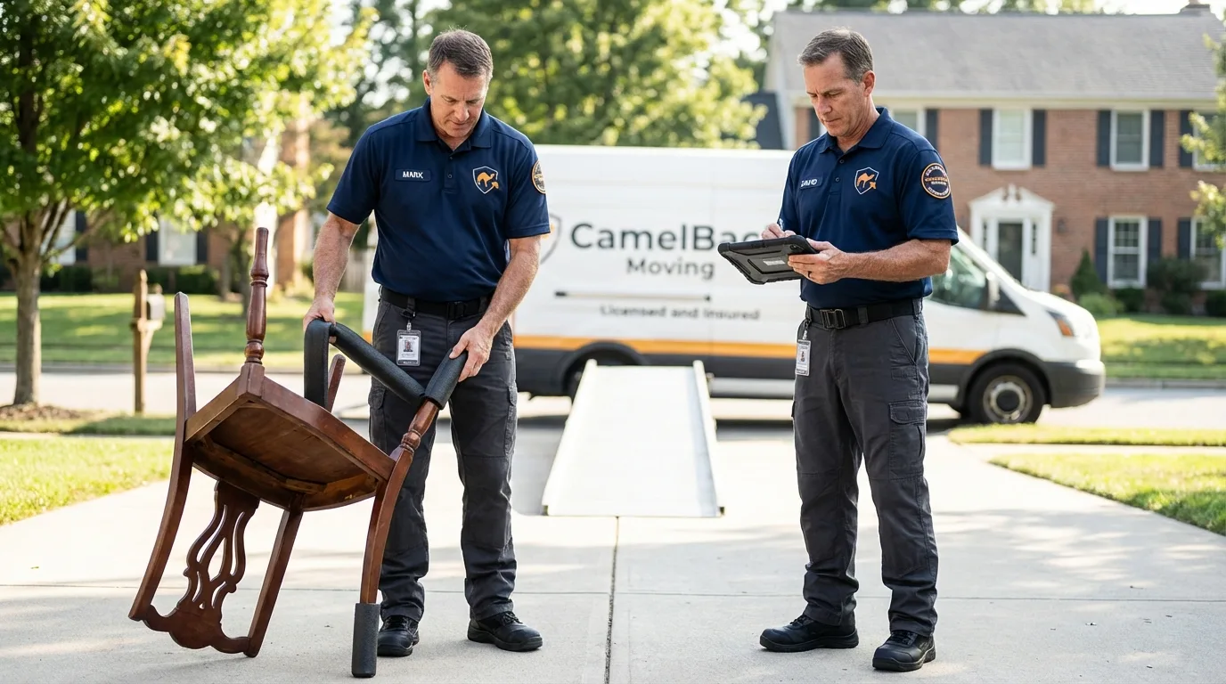 Movers inspecting furniture for damage prevention before loading in Constantia, NY