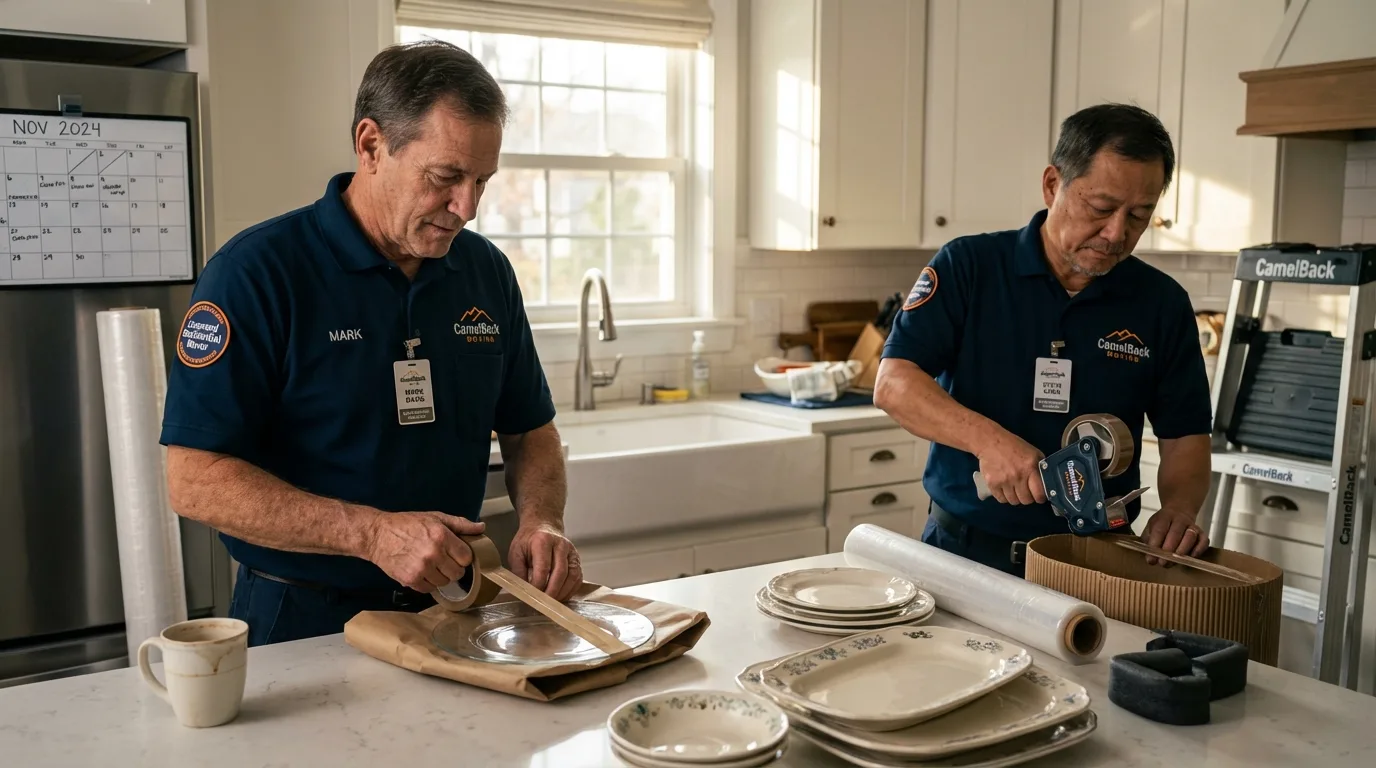 Professional crew packing kitchen dishware in Constantia, NY
